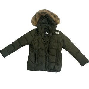 The North Face Olive Puffer Jacket with Faux Fur Hood